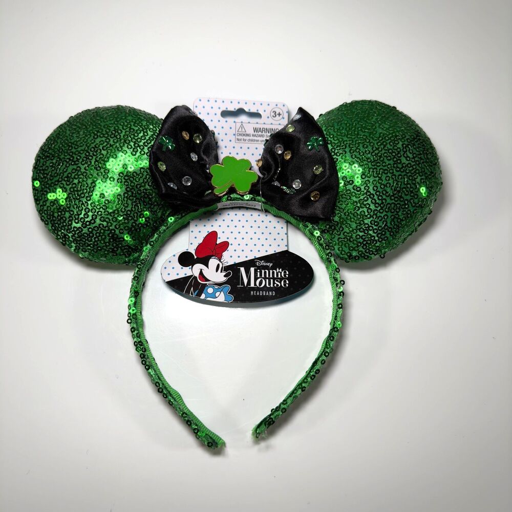 Disney Minnie Mouse Headband Ears Green St. Patrick’s Sequin Lucky Costume NWT